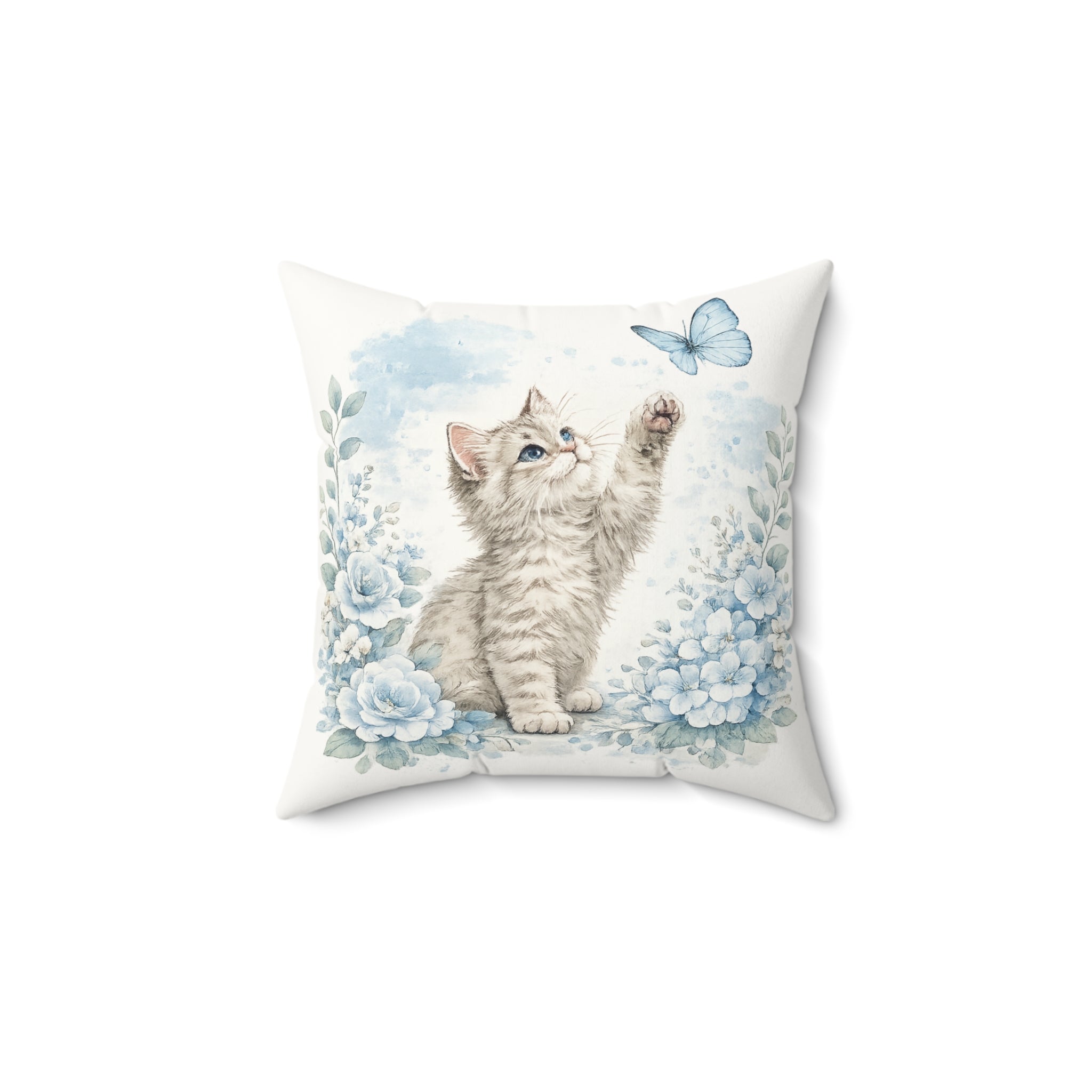 Watercolor Kitten Pillow | Dusty Blue