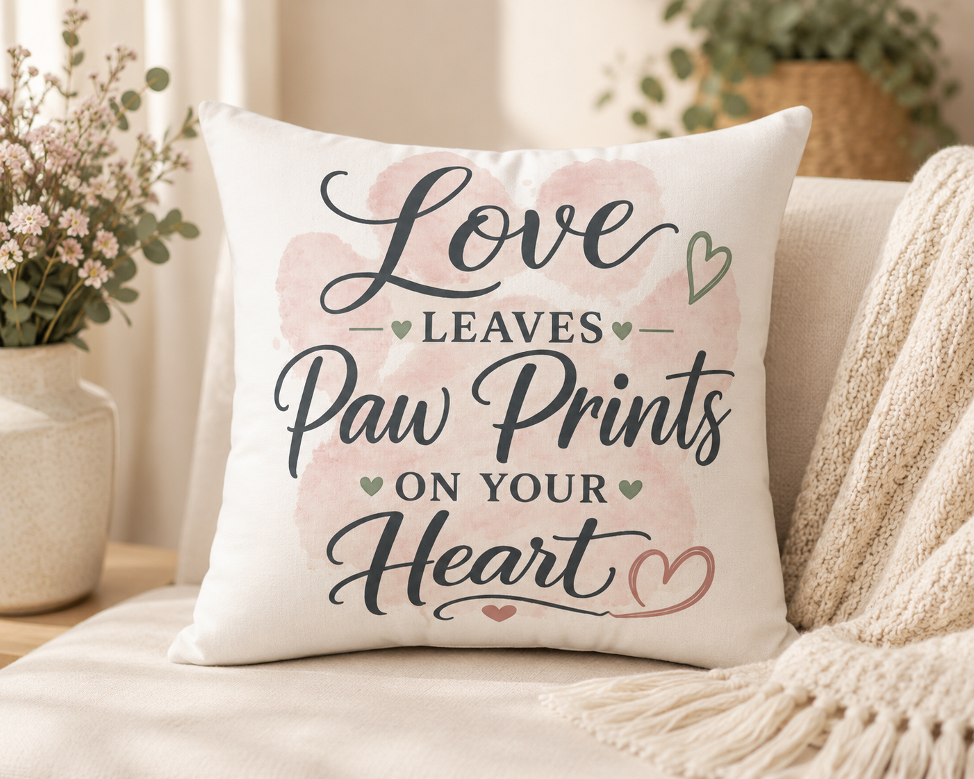 Love Leaves Paw Prints Pillow | Blush