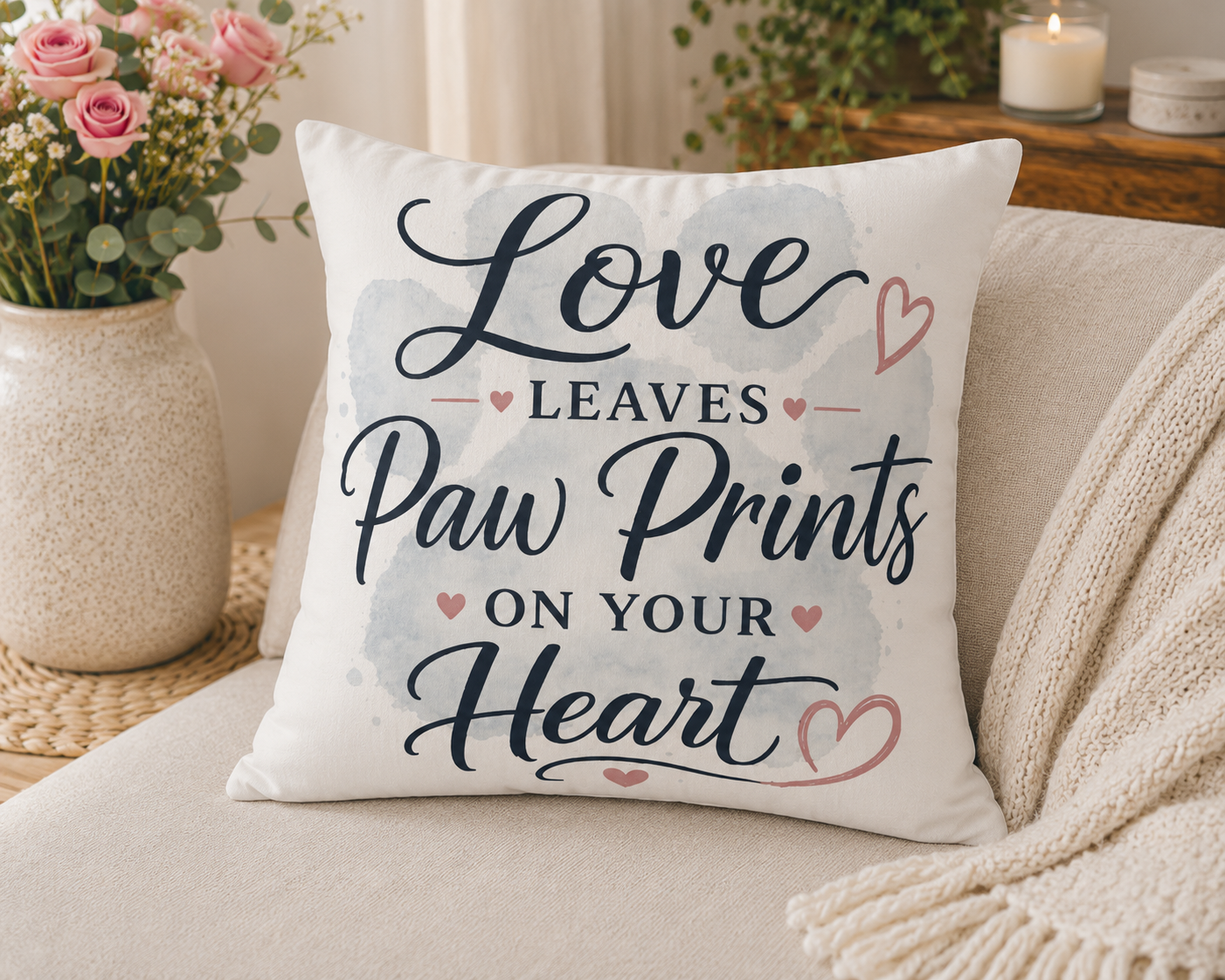 Love Leaves Paw Prints Pillow | Dusty Blue