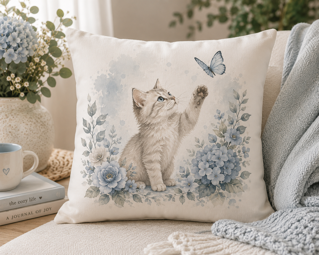 Watercolor Kitten Pillow | Dusty Blue
