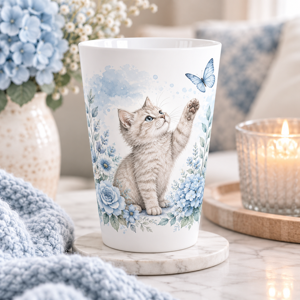 Blue Floral Cat Mug | Watercolor