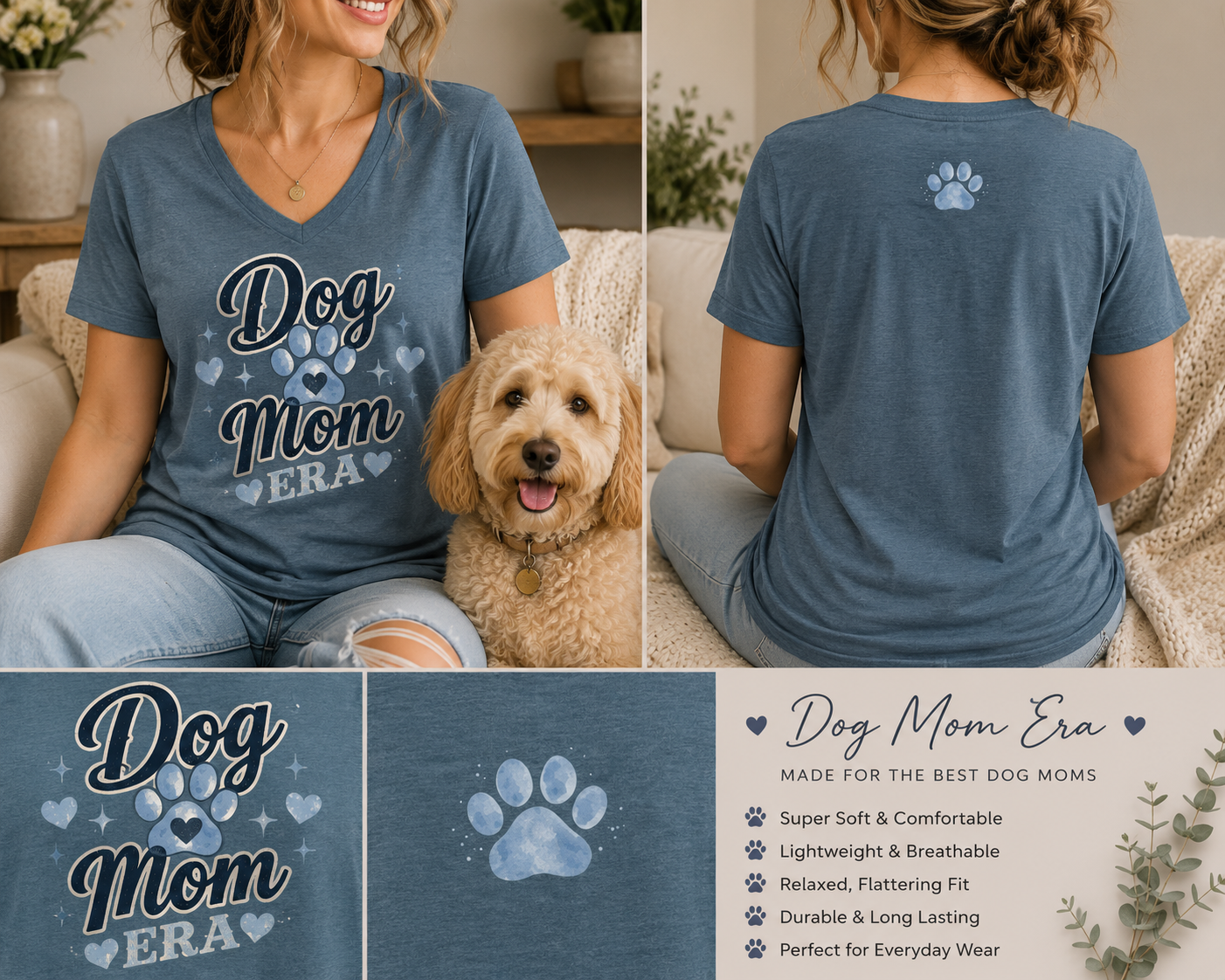Dog Mom Era V-Neck T-Shirt | Dusty Blue