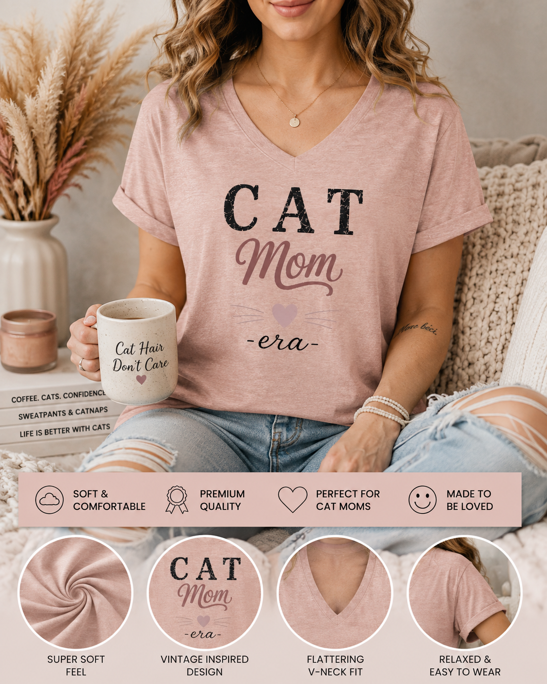 Cat Mom Era Vintage Graphic Tee | Blush