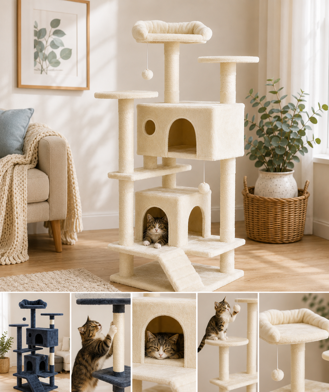 Multi-Level Cat Tree with Hammock & Cozy Hideaways