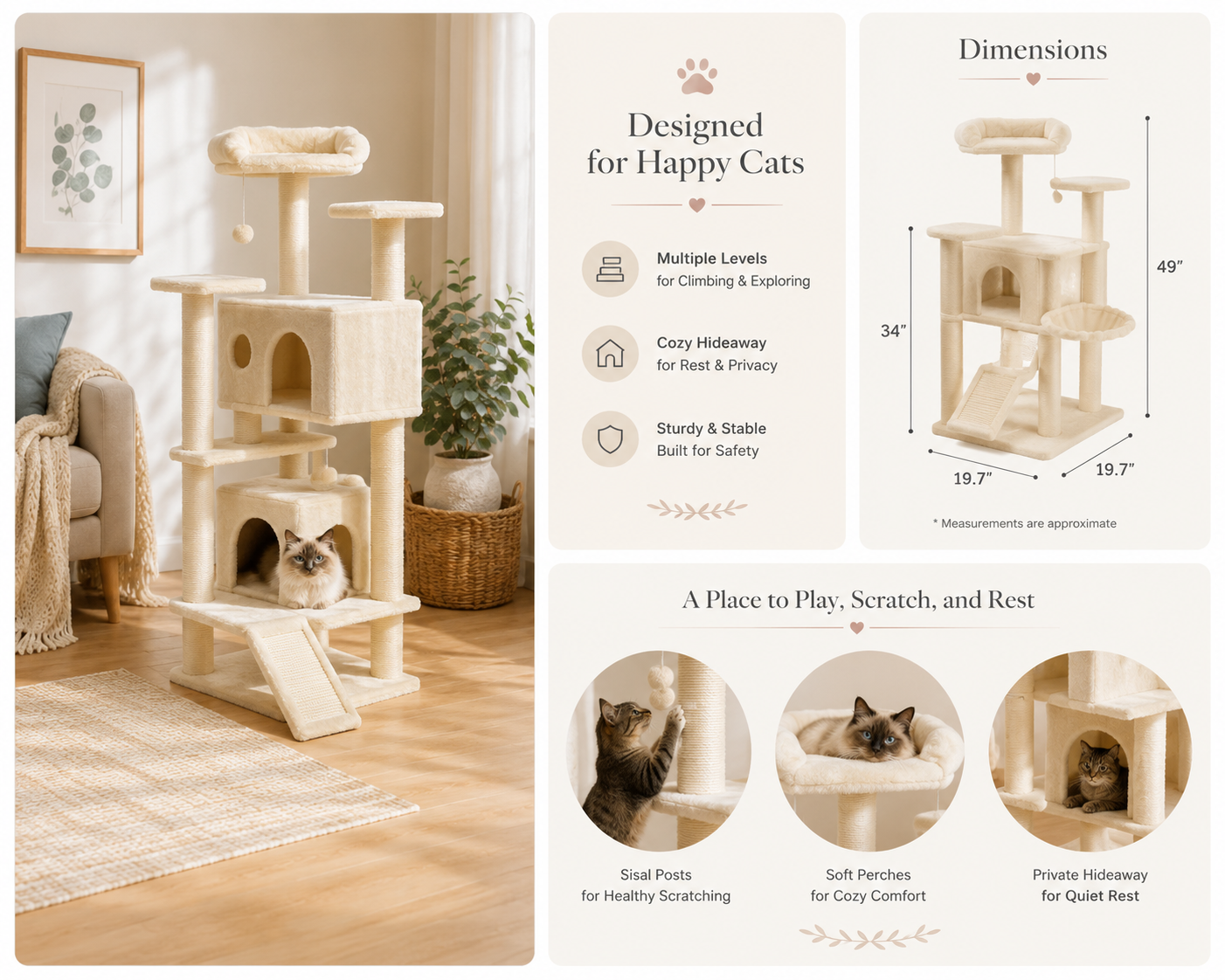 Multi-Level Cat Tree with Hammock & Cozy Hideaways